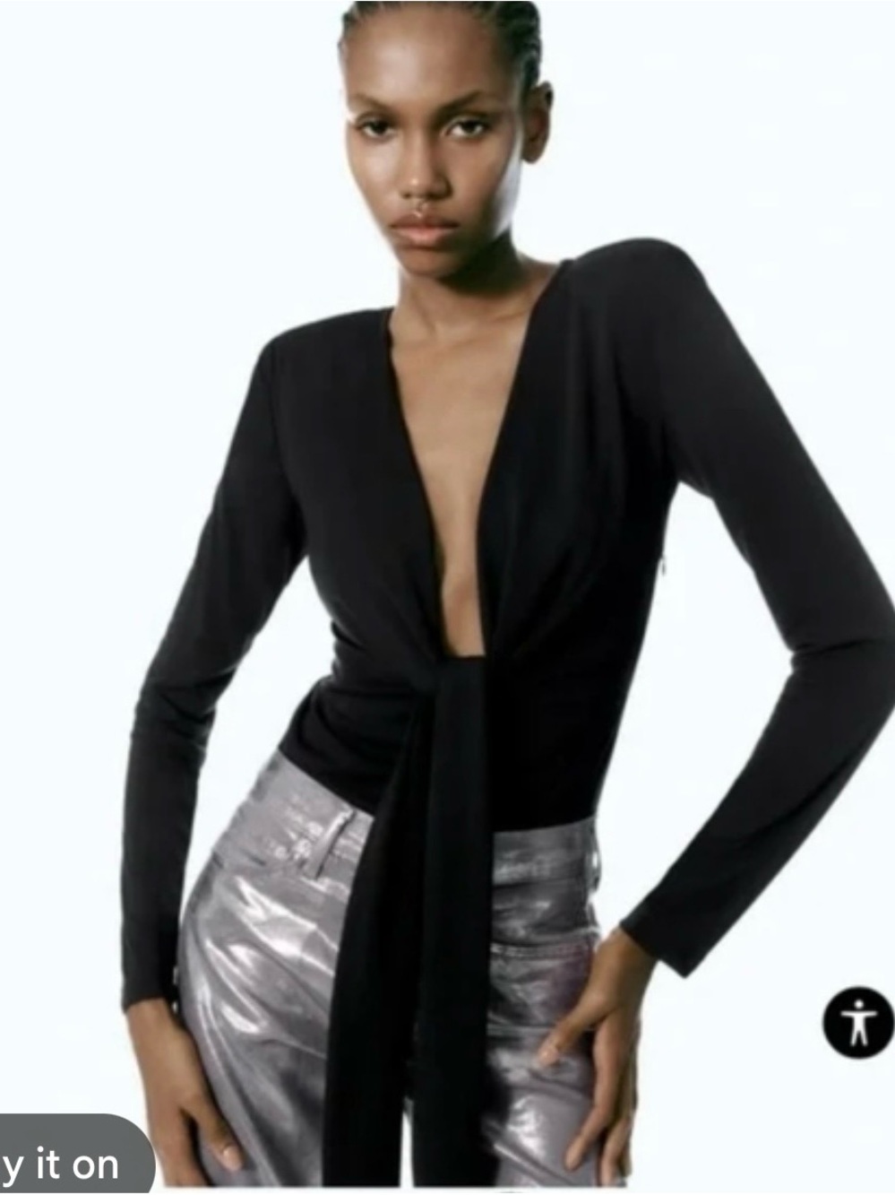 Zara Black Long-Sleeve Deep V Tie Front Bodysuit